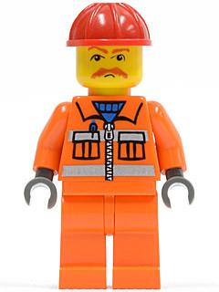 LEGO Minifigure-Orange Vest with Safety Stripes - Orange Legs, Red Construction Helmet, Brown Moustache, Dark Bluish Gray Hands-Train-TRN129A-Creative Brick Builders